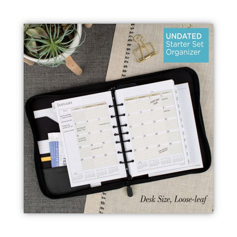 At-A-Glance Leather Zipcase Binder Starter Set, Undated Calendar 5 1/2" x 8 1/2" Sheet Size - 7 x Ring Fastener(s) - Leather - Black - Refillable, Zipper Closure, Storage Pocket, Notepad, Pen Loop - 1 Each