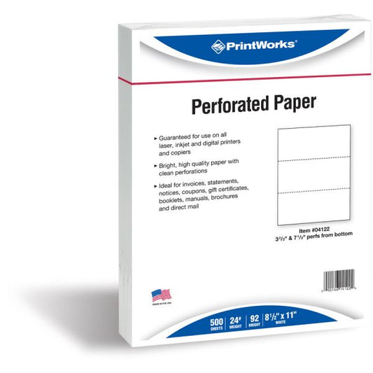 Printworks Professional Perforated Custom Cut Paper 8 1/2" x 11" - Perforated 3 2/3" & 7 1/3" From Bottom - 24 lb Paper Weight - White - 500 Sheets/ Ream