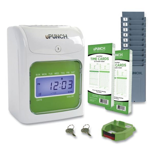 uPunch HN1500 Electronic Non-Calculating Time Clock Bundle, LCD Display, Beige/Green