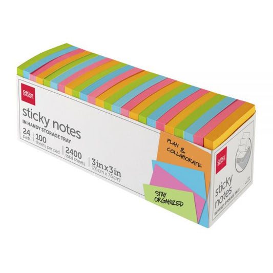 Sticky Notes, With Storage Tray, 3" x 3", Assorted Vivid Colors, 100 Sheets Per Pad, Pack Of 24 Pads