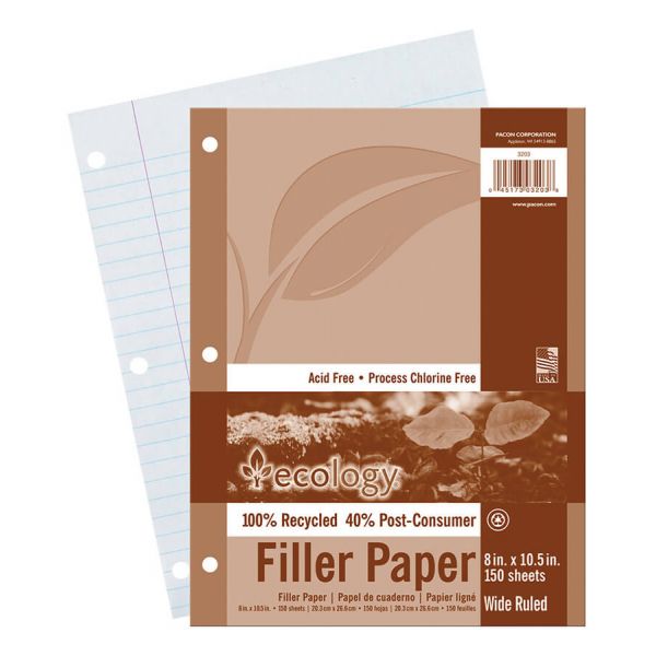 Pacon Ecology Filler Paper, 3-Hole, 8 x 10.5, Wide/Legal Rule, 150/Pack