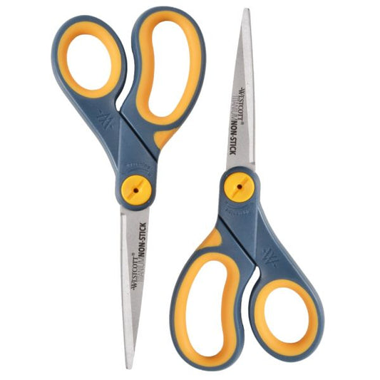 Westcott Titanium Bonded Non-Stick Scissors, 8", Pointed, Gray/Yellow, Pack Of 2