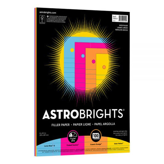 Astrobrights Filler Paper, 8" x 10 1/2", Wide Ruled, 20 Lb, FSC Certified, Assorted Colors, Pack Of 100 Sheets