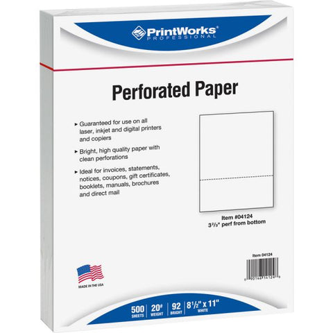 PrintWorks Professional Professional Office Paper, 20 lb, 8 1/2 x 11, Perforated 3 2/3" from Bottom, White, 500 Sheets/Ream