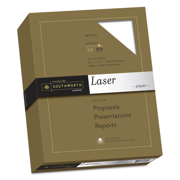 Southworth 25% Cotton Laser Paper, 95 Bright, 24 lb Bond Weight, 8.5 x 11, White, 500/Ream