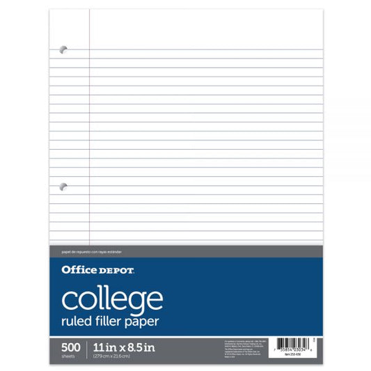 Ruled Filler Paper, 8 1/2" x 11", College Ruled, White, Ream Of 500 Sheets