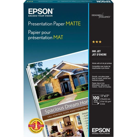 Epson Matte Presentation Paper, 4.9 mil, 11 x 17, Matte Bright White, 100/Pack