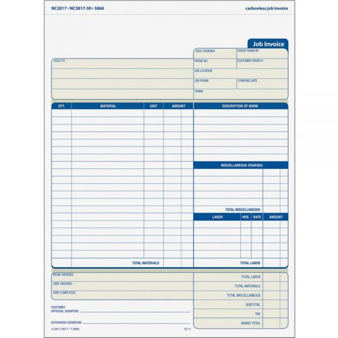 TOPS Job Invoice, Snap-Off Triplicate Form, Three-Part Carbonless, 8.5 x 11.63, 50 Forms Total