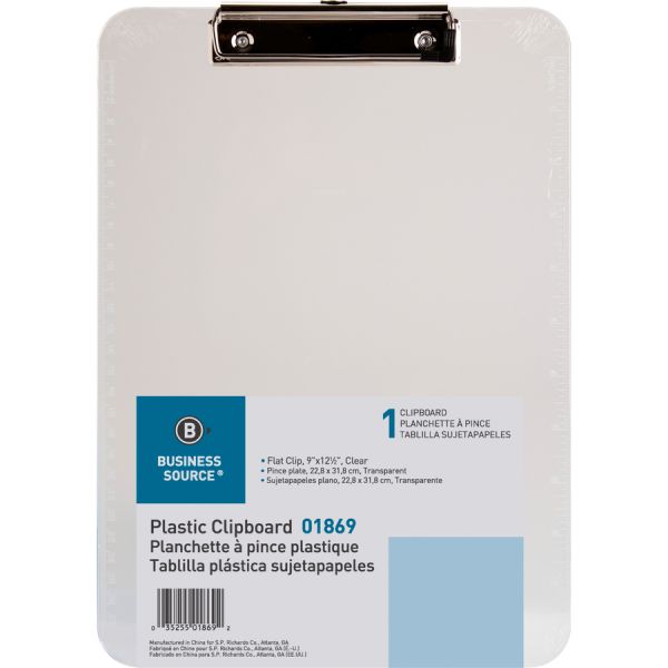 Business Source Transparent Plastic Clipboard 8 1/2" x 11" - Plastic - Clear - 1 Each