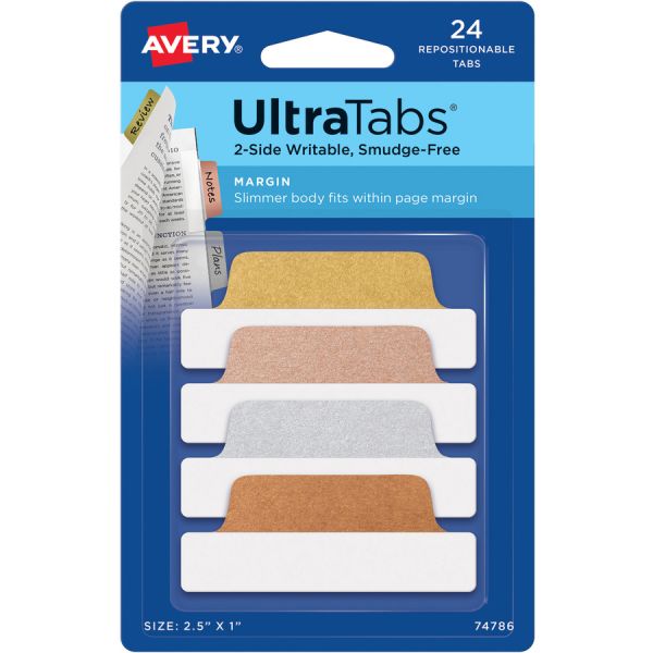 Avery UltraTabs Repositionable Margin Tabs 24 Tab(s) - 1" Tab Height x 2.50" Tab Width - Clear Film, Gold Paper, Rose Gold, Copper Tab(s) - 24 / Pack