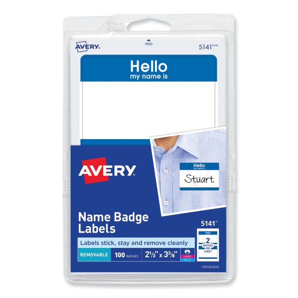 Avery Printable Self-Adhesive Name Badges, 2 1/3 x 3 3/8, Blue "Hello", 100/Pack