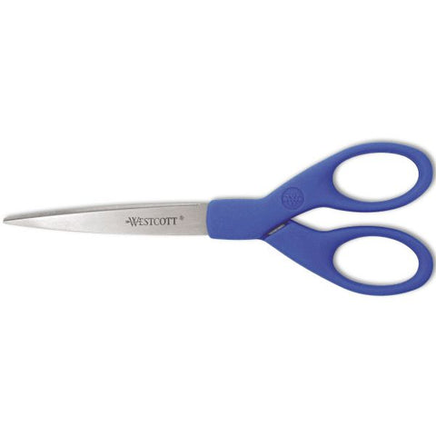 Westcott Preferred Line Stainless Steel Scissors, 7" Long, 2.5" Cut Length, Blue Straight Handle