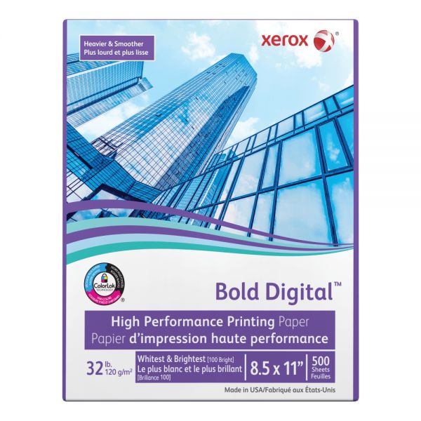 Xerox Bold Digital Printing Paper, Letter Size (8 1/2" x 11"), 100 (U.S.) Brightness, 32 Lb Text (120 gsm), FSC Certified, Ream Of 500 Sheets