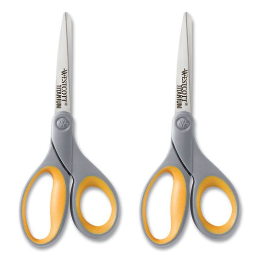 Westcott Titanium Bonded Scissors, 8" Long, 3.5" Cut Length, Gray/Yellow Straight Handles, 2/Pack