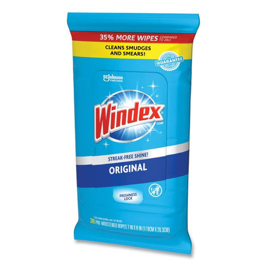 Windex Glass and Surface Wet Wipe, Cloth, 7 x 8, Unscented, 38/Pack, 12 Packs/Carton