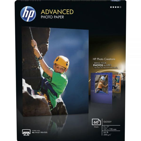 HP Advanced Photo Paper, 10.5 mil, 5 x 7, Glossy White, 60/Pack