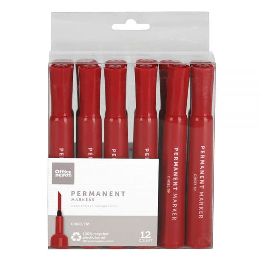 Permanent Markers, Chisel Point, 100% Recycled, Red Ink, Pack Of 12