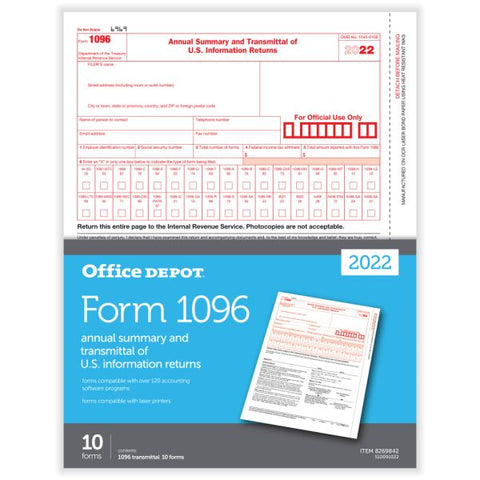 1096 Laser Tax Forms, 1-Part, 8-1/2" x 11", Pack Of 10 Forms