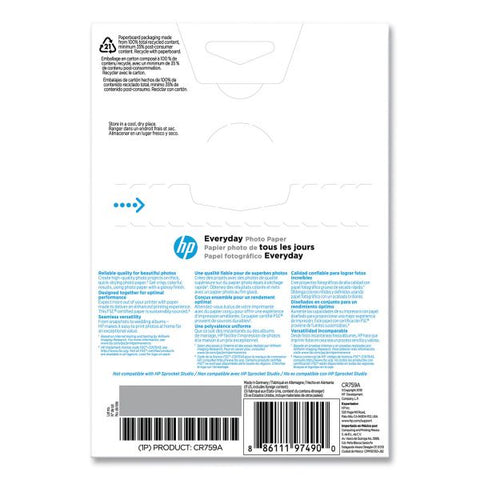 HP Everyday Glossy Photo Paper, 8 mil, 4 x 6, Glossy White, 100/Pack