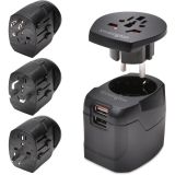 Kensington International Travel Adapter - Grounded (3-Prong) with Dual USB Ports 3 x 3P Plug - 2 x USB Receptacle - 120 V AC, 230 V AC - Black