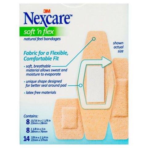 Nexcare Soft 'n Flex Bandages Assorted Sizes - 0.94" x 1.13", 1.13" x 3", 0.88" x 2.25" - 30/Box - 30 Per Box - Tan - Fabric