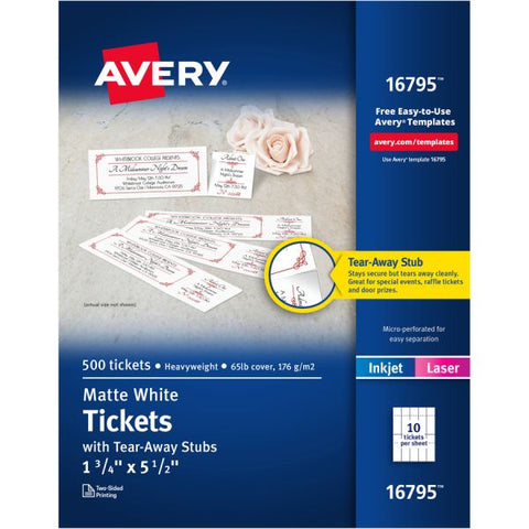 Avery Blank Printable Perforated Raffle Tickets - Tear-Away Stubs Matte White - 500/Pack