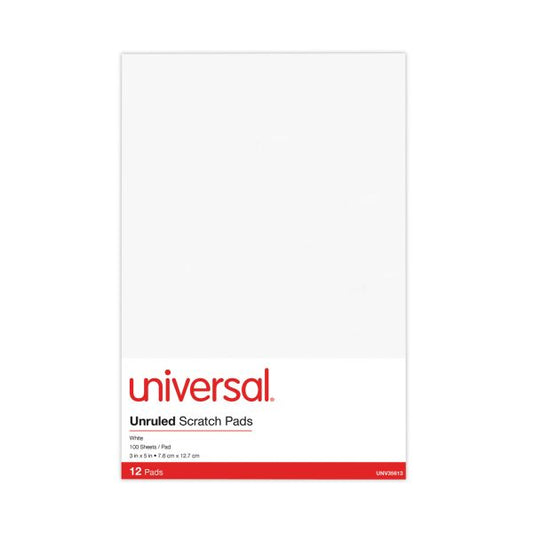 Universal Scratch Pads, Unruled, 3 x 5, White, 100 Sheets, 12/Pack