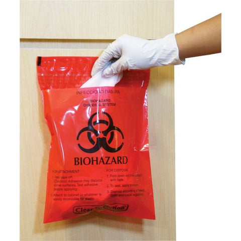 CareTek Stick-On Biohazard Infectious Waste Bags 14" x 12" - 2 mil Thickness - 100/Box - Red