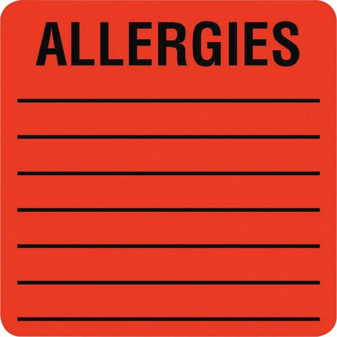 Tabbies Allergy Warning Labels, ALLERGIES, 2 x 2, Fluorescent Red, 500/Roll