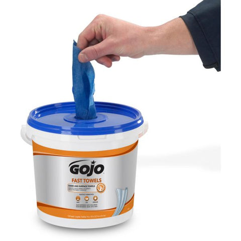 Gojo Fast Towels Bucket Fresh Citrus - Blue, Clear - Moisturizing, Non-irritating, Heavy Duty, Cleaning - For Multipurpose - 130 Per Bucket - 4 / Carton