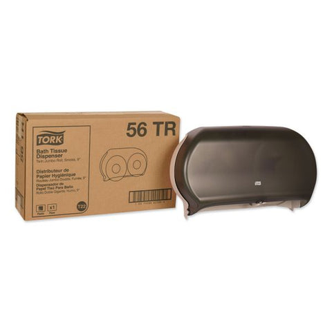 Tork Twin Jumbo Roll Bath Tissue Dispenser, 19.29 x 5.51 x 11.83, Smoke/Gray Roll Dispenser - 2 x Roll - 11.8" Height x 19.3" Width x 5.5" Depth - Vinyl, Plastic - Smoke - Impact Resistant, See-Through Cover, Flame Retardant, Chemical Resistant - 1 Each