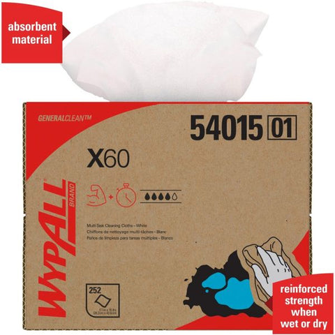 WypAll General Clean X60 Cloths, 12.5 x 16.8, White, 252/Carton 11.10" x 16.80" - White - Cloth - Absorbent - 252 Per Box - 1 / Carton