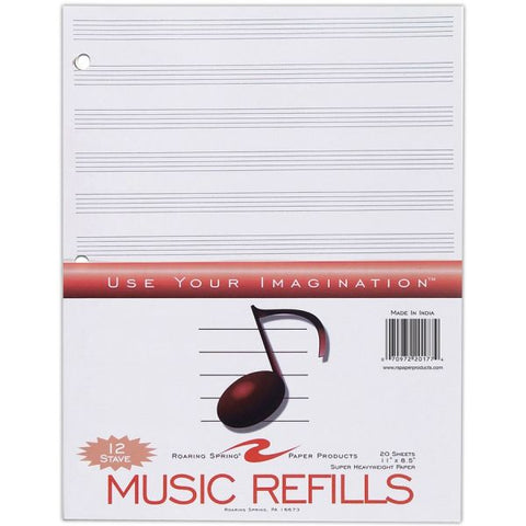 Music Filler 8.5"x11" 12 Stave Roaring Spring Music Filler Paper, Case of 24 packs, 12 Staves of Music Lines, 11" x 8.5", 20 Sheets Per Pack, Heavyweight Smooth White Paper, 3 Hole Punched