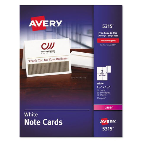 Avery Note Cards with Matching Envelopes, Laser, 80 lb, 4.25 x 5.5, Uncoated White, 60 Cards, 2 Cards/Sheet, 30 Sheets/Pack