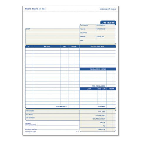 TOPS Job Invoice, Snap-Off Triplicate Form, Three-Part Carbonless, 8.5 x 11.63, 50 Forms Total