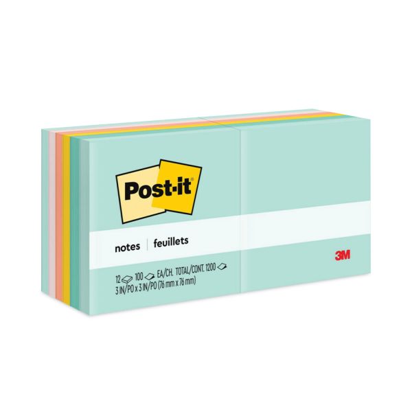 Post-it Notes Original Pads in Beachside Cafe Collection Colors, 3" x 3", 100 Sheets/Pad, 12 Pads/Pack