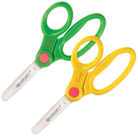 Westcott Kids' Scissors with Antimicrobial Protection, Rounded Tip, 5" Long, 2" Cut Length, Assorted Straight Handles, 12/Pack