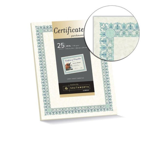 Southworth Parchment Certificates, Academic, 8.5 x 11, Ivory with Green/Blue Border, 25/Pack