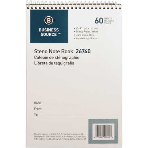 Business Source Steno Pad 6" x 9" - Gregg Ruled - White Paper - 60 Sheets/ Pad - 1 Each