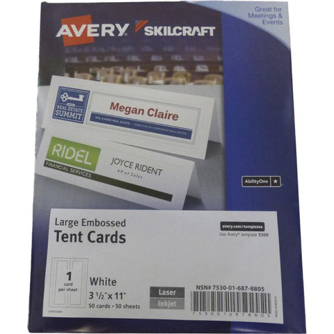 SKILCRAFT Laser, Inkjet Tent Card - White 3 1/2" x 11" - 50 Card - Embossed, Double-sided, Pre-printed