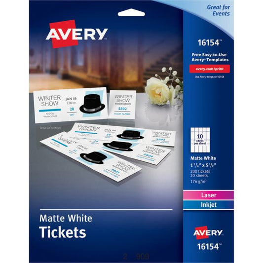 Avery Perforated Raffle Tickets with Tear-Away Stubs - 2-Sided Printing 1 3/4" x 5 1/2" Length - Laser, Inkjet - Matte White - 20 / Sheet - 1000 / Carton