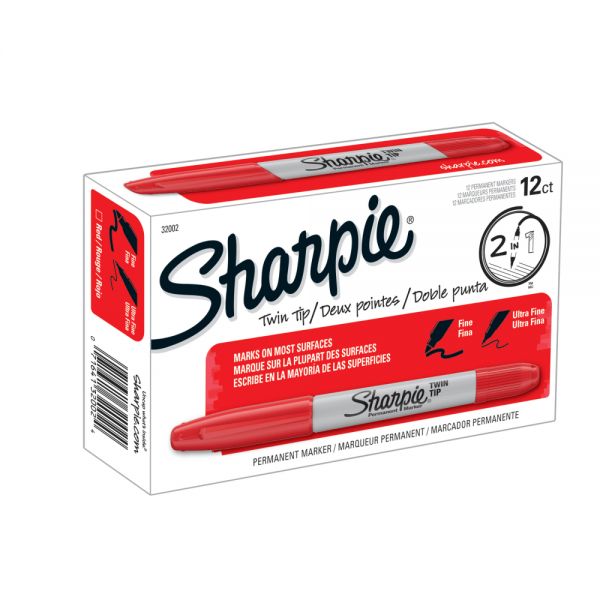 Sharpie Twin-Tip Permanent Markers, Fine/Ultra Fine Points, Red, Pack Of 12