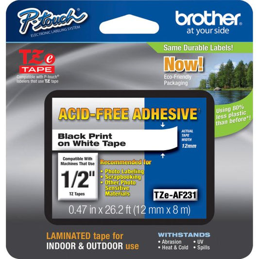 Brother TZe Adhesive Label Tape Cartridge 1/2" x 26.2 ft - Self-Adhesive - Laminated - White Label - Black Print - 1 Roll