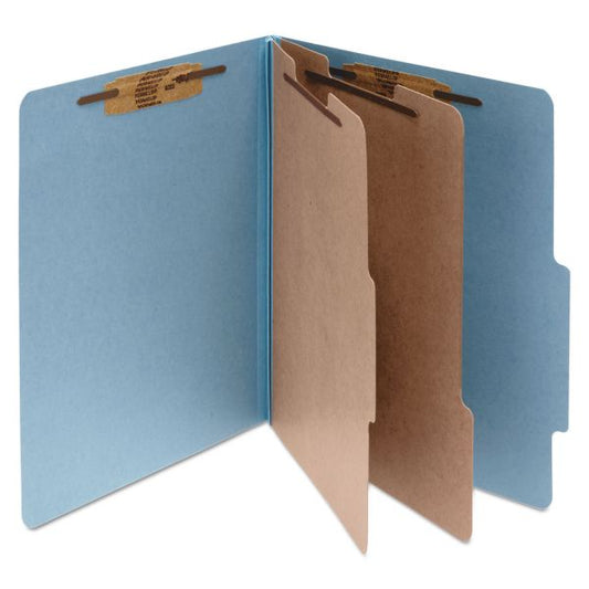 ACCO Pressboard Classification Folders, 3" Expansion, 2 Dividers, 6 Fasteners, Legal Size, Sky Blue Exterior, 10/Box