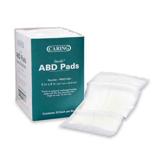 Caring Sterile ABD Pads 5" x 9" - 25/ Box - Cellulose - White