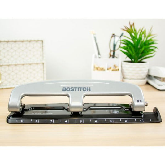 Bostitch 12-Sheet EZ Squeeze Three-Hole Punch, 9/32" Holes, Black/Silver