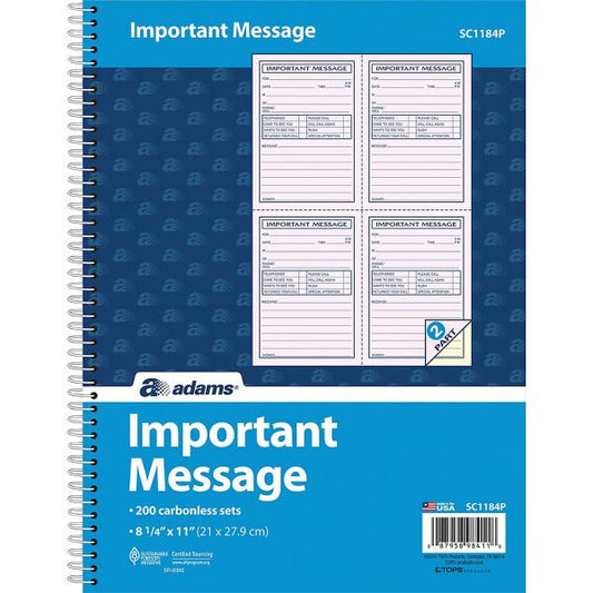 Adams Carbonless Important Message Pad 200 Sheet(s) - Spiral Bound - 2 Part - Yes - 11" x 8.50" Sheet Size - Assorted Sheet(s) - 1 Each