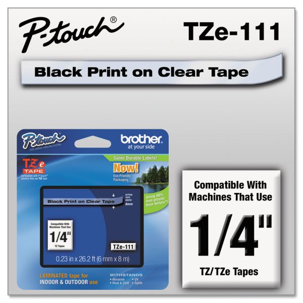 Brother P-Touch TZe Standard Adhesive Laminated Labeling Tape, 0.23" x 26.2 ft, Black on Clear