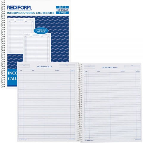 Rediform Wirebound Call Register, One-Part (No Copies), 11 x 8.5, 100 Forms Total