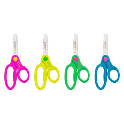 Westcott Scissor Caddy with Kids' Scissors, 5" Long, 2" Cut Length, Light Blue; Light Green; Pink; Red, Straight Handles, 24/Set